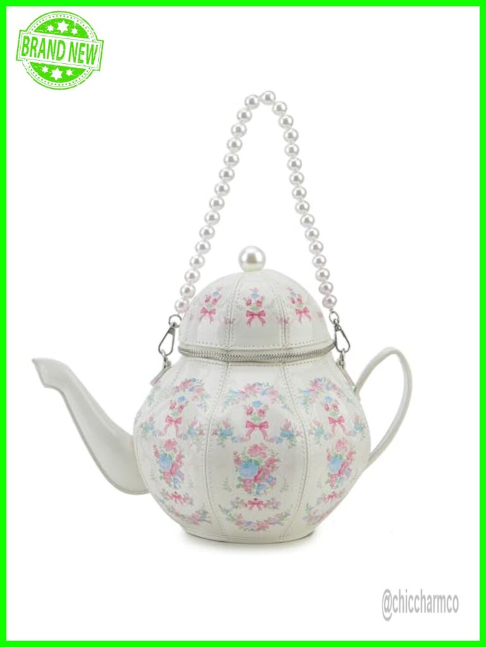Teapot Shaped Floral Faux Leather Crossbody Purse with Pearl Chain